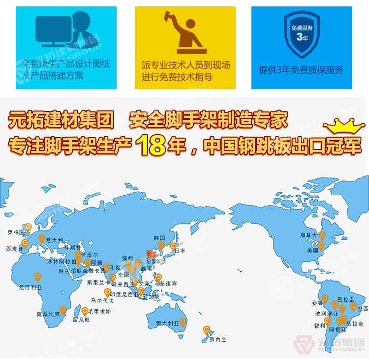 元拓建材集團，安全腳手架制造專家！專注腳手架生產(chǎn)18年，中國鋼跳板出口冠軍！